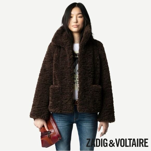 $548 Zadig & Voltaire **NWT w Small Flaw, Fred Soft Curly Sherpa Coat Brown XS - Picture 1 of 15